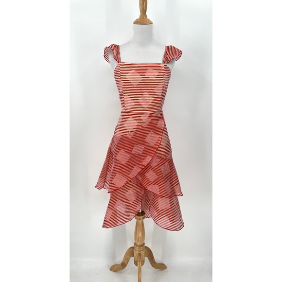 ALICE + OLIVIA Angelita Dress Women 4 Red Pink Sheer Stripe Ruffle Layered Party - Picture 2 of 16